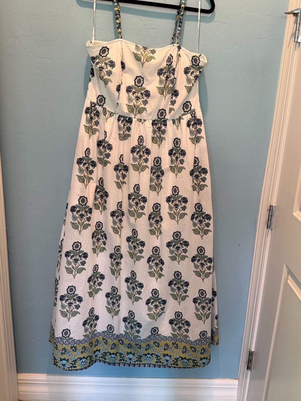Womans White Floral Sundress with Blue and Green Print